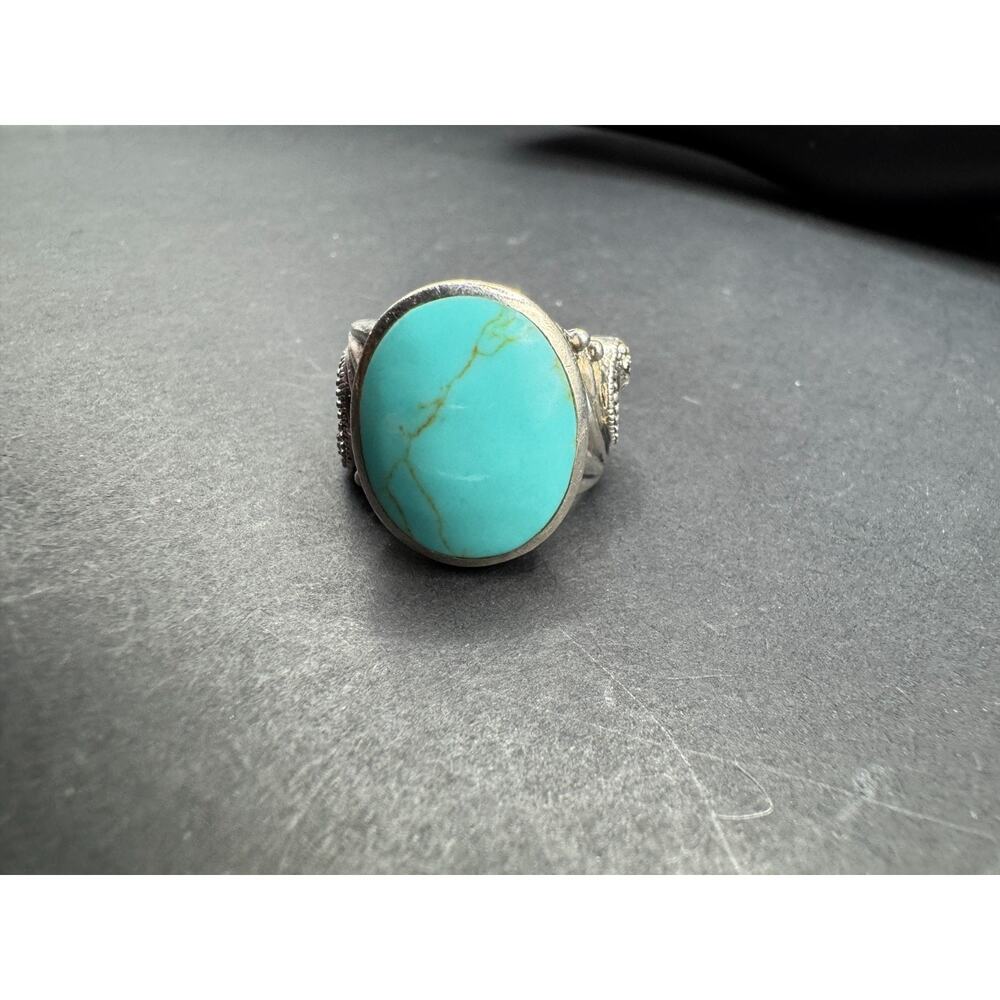 Vintage Southwestern Turquoise Oval Cut Filigree 925 Sterling Silver Ring Sz 7.5 - Picture 5 of 12